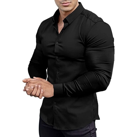 Men’s Muscle Fit Dress Shirts Fit Long Sleeve Stretch Casual Button Down Shirt - Picture 1 of 6